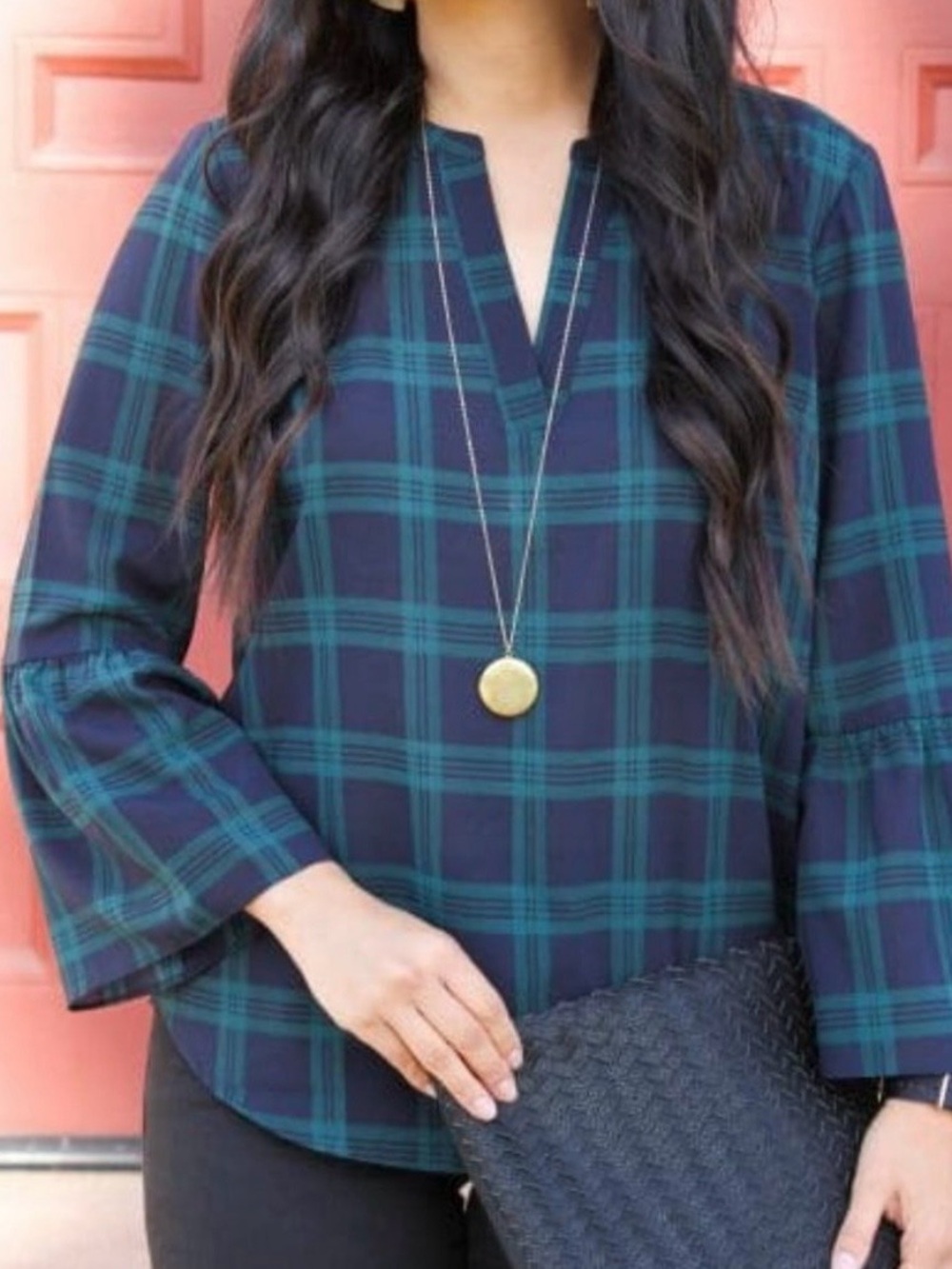 J.Crew green and navy tartan plaid V-neck blouse